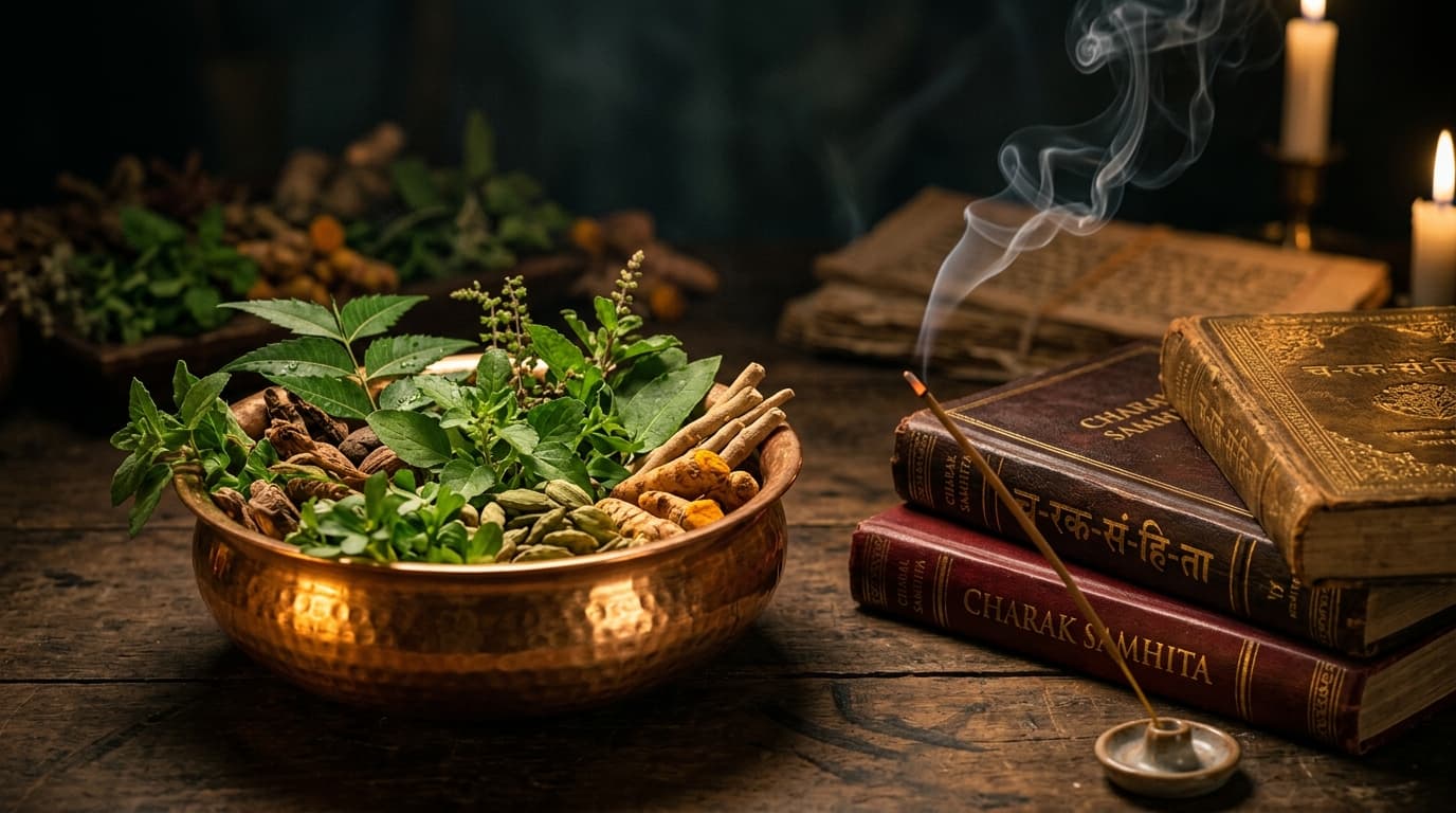 Glowing golden copper bowl with ayurvedic herbs, burning incense stick, and Charak Samhita books
